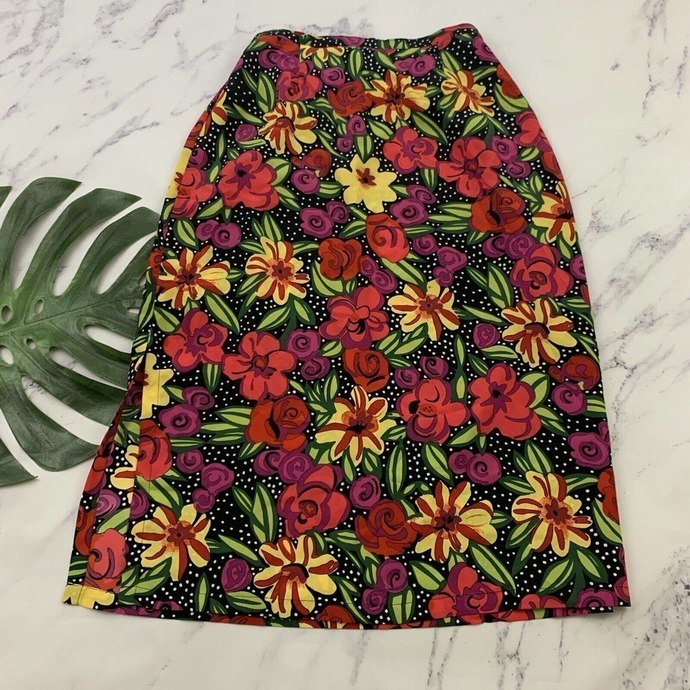 ICI Womens Vintage Maxi Skirt Size 16 Black Purple Floral Side Slits 90s Bright
